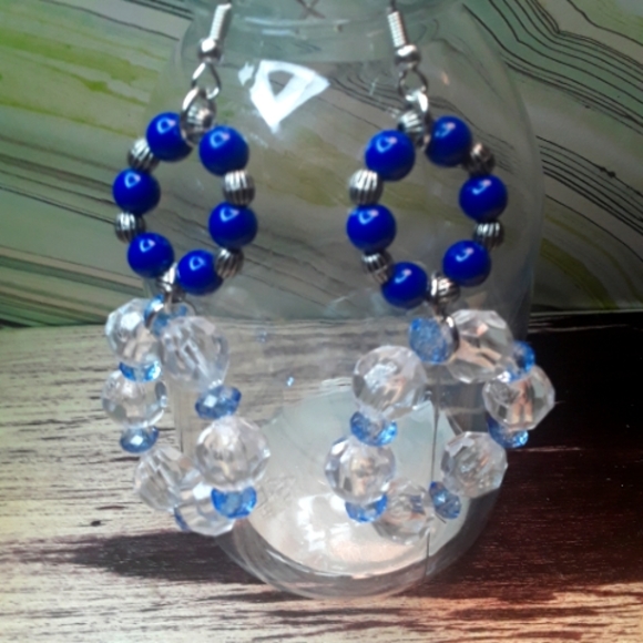 Blue & Clear Beaded Round Earrings Dangling Long Earrings - Picture 5 of 6